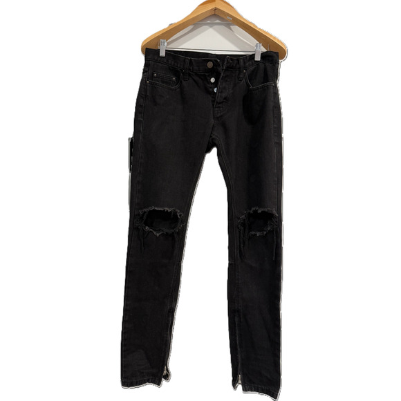 mnml Women’s Jeans 30x32 Black Slim Fit Distressed Ripped Knee Button Fly Zip - Picture 1 of 6